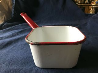 Vintage Enamelware Square Pot with Handle White w/Red Trim 11.  75 