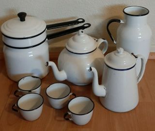 Vintage Rare Antique Black And Blue On White Porcelain Enamel Set Kettle Pot Cup
