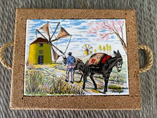 Traditional Portuguese Ceramic Hand - Painted Tile Trivet With Cork 5.  5 " X 5.  5 "
