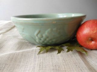 Vintage Pottery Fruit Mixing Bowl Sage Green Glazed Embossed Usa Serving Dish