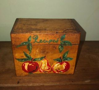 Vintage Wood Wooden Hinged Country Kitchen Recipe Box With Hand Painted Fruit