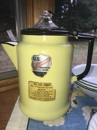 Vintage United States Stamping Company Enamelware Coffee Pot With Tag Stickers.