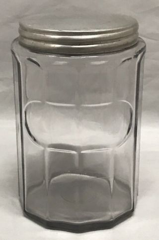 Antique Primitive Hoosier Paneled Glass Canister Jar With Aluminum Lid 1920 