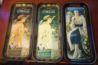 3 Vintage Coca Cola 1970s Girl Metal/tin Trays
