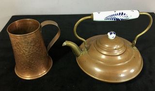 Vtg Hammered Copper Tankard And Vtg Copper Tea Kettle W/ Delft Handle And Knob