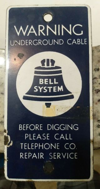 Vintage Bell System Telephone Porcelain Sign - Warning Underground Cable - Call