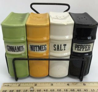 Set Of Vintage Ceramic Spice Books Salt Pepper Nutmeg Cinnamon Shakers With Rack