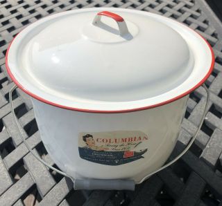 Vintage White Colombian Enamelware Pot W/ Red Trim,  Handle & Lid W/label