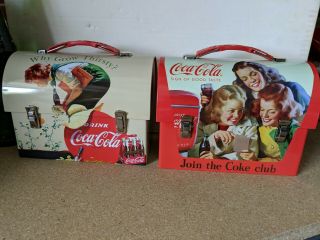 2 - Coca Cola Dome Tin Lunch Box Bottle Cap Design Cond.  7”x 5 1/2”