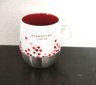 Starbucks - 2007 White Coffee Mug W/ Red Hearts - Aluminum Bottom - 14 Fl Oz - 2007