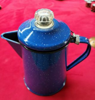Vintage Cowboy Country Farmhouse Enamel Coffee Pot - Blue Speckled Enamelware