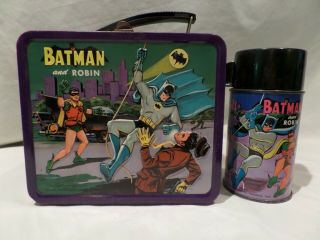 Vintage 1966 " Batman & Robin " Metal Lunch Box With Matching Thermos By Aladdin