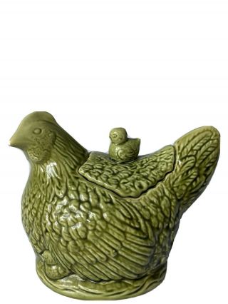 Vintage Morton Pottery Chicken Hen Cookie Jar With Chick On Lid Green Ceramic