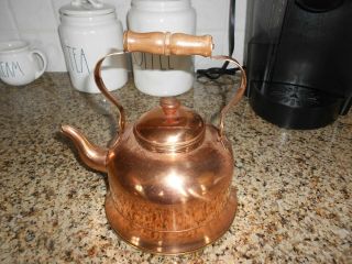Vintage Copper Brass Tea Pot Kettle Wood Handle Made In Portugal