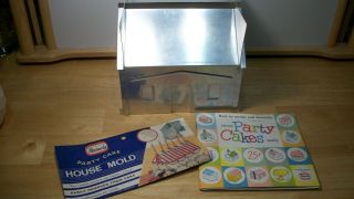 Vtg Alumode Party Cake Aluminum House Mold With Instructions & Recipe Book 1956