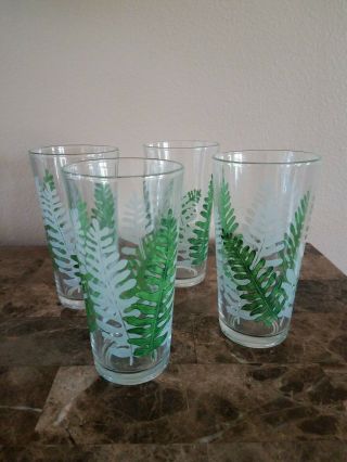 4 Rare Vintage Kig Indonesia Ice Tea Water Glasses Fern Palm Leaves Leaf
