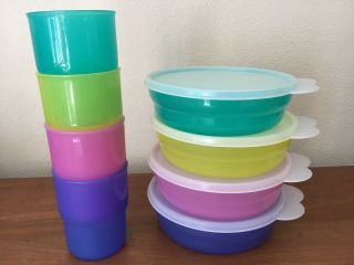 Tupperware Impressions Set Of 4 Microwave Cereal Bowls With Lids And 4 Tumblers