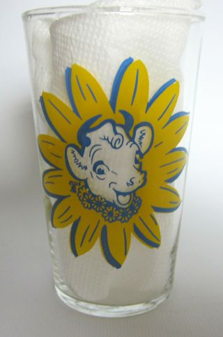 Elsie The Cow Drinking Glass Yellow Daisy With Blue Trim Federal 4.  75 " Bordon