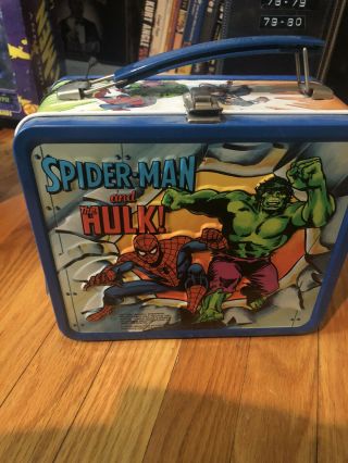 Vintage Marvel Spiderman/ Hulk/ Captain America Metal Lunch Box With Thermos