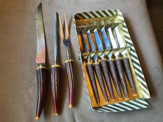 Vintage Lifetime Cutlery 6 Steak Knives & Carving Set Fake Antler Handles