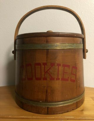 Vintage Wooden Firkin Style Bucket Cookie Jar W/lid & Pegged Handle