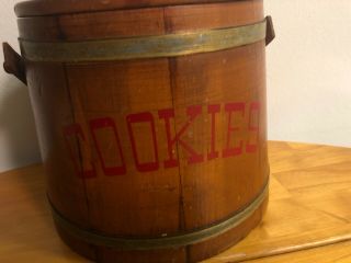 Vintage Wooden Firkin Style Bucket Cookie Jar W/Lid & Pegged Handle 2