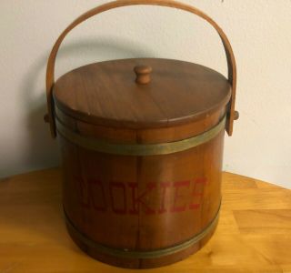 Vintage Wooden Firkin Style Bucket Cookie Jar W/Lid & Pegged Handle 3