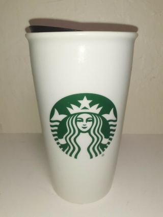 Starbucks 2011 12oz Coffee Mug Cup White Ceramic Travel Tumbler With Swivel Lid