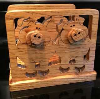 Adorable Oak Wood Hand Crafted Pig Pigs Napkin Holder