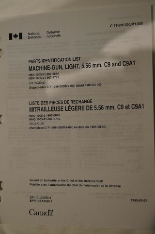 Canadian Cold War Parts Id List Machine Gun C9 & C9a1 Reference Book