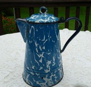 Graniteware Enamelware Blue & White Swirl Coffee Pot With Cobalt Handle And Trim