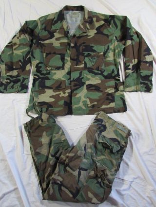 Patched Us Navy Camouflage Bdu Woodland Jacket W/ Pants Vtg 90s Camo Military