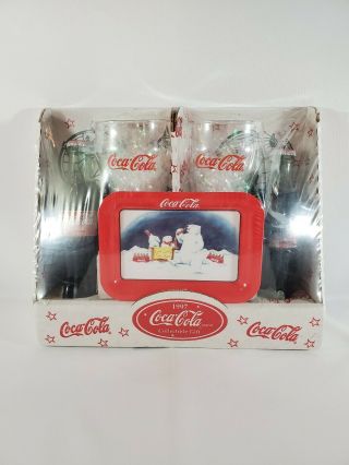 1997 Coca - Cola Collectible Polar Bear Christmas Gift Set Glasses And Red Tray