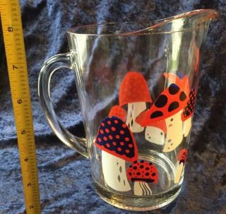 Vintage Retro 70s Glass Beer Water 8 " Pitcher Heavy Mushroom Red White Blue