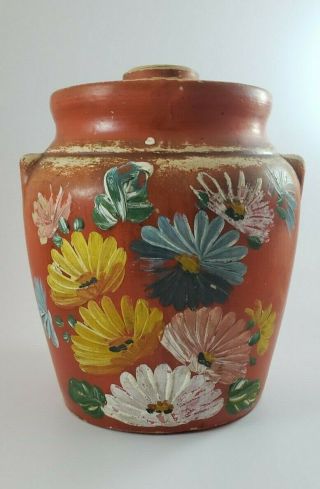 Vintage Orange Ransburg Pottery Cookie Jar Hand Painted Flowers