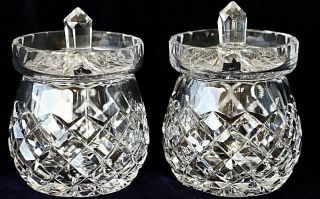 2 Vintage Diamond Hand Cut Crystal Glass Jelly Jam Compote Jars With Lid