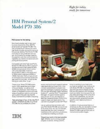 1989 Ibm Personal System/2 Model P70 386 Brochure/specs Bifold