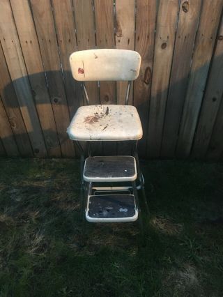 Vintage Cosco White Metal Vinyl Kitchen Step Stool Chair Folding Flip Out