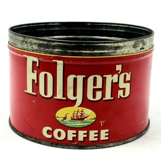 Vintage 1952 Small Folger’s Coffee Can Tin Empty Key Open No Key