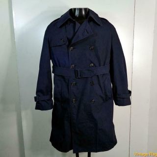 1991 Military Us Army Long Raincoat Trench Coat Mens Size S 36 Blue W/ Liner