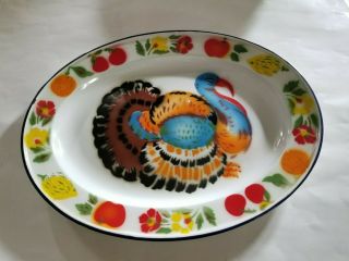 Vintage Enamel colorful Tinware Turkey platter tray & 2 Large bowls fruit - floral 2
