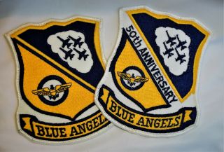 2 Vintage Us Navy Blue Angels 4 3/4 " Patches 50th Anniversary Inscription On One
