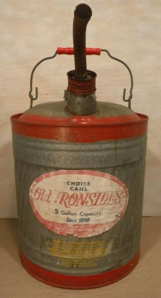 Old Ironsides 5 Gallon Galvanized Metal Gas Can Paper Label Metal Can Spout