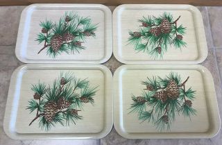 Vintage Set Of 4 Pinecones And Needles Metal T.  V.  Trays