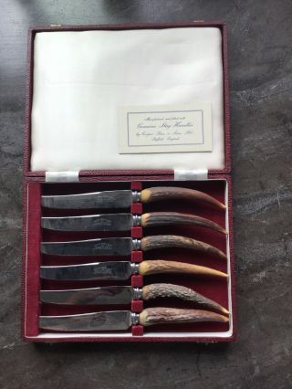 Cooper Bros & Sons Antler Steak Knives Sheffield England Stainless 6 Pc - Boxed