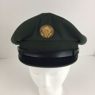 Vintage Us Army Dress Officer Green Hat With Black Visor Eagle Hat Badge