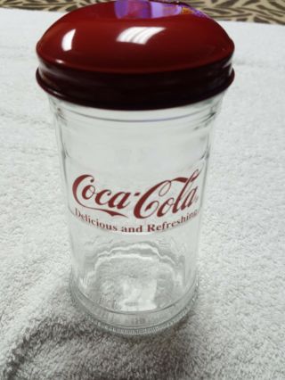 Coca - Cola Glass Sugar Shaker Nos Vintage 1992 Jar Red Metal Lid Restaurant Style