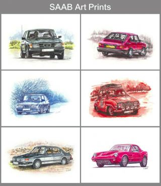 Set Of 6 Saab A4 Art Prints By Artist Roy Chui,  Including 900,  99 Turbo,  96,  Sonett