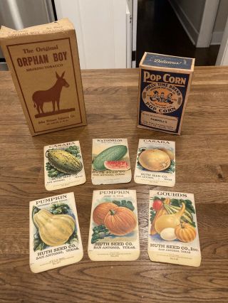Huth Seed Packets,  Orphan Boy Smoking Tobacco Box,  And Jolly Time Popcorn Box