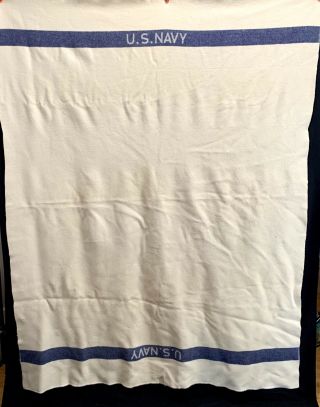 Vintage Wwii U.  S.  Navy Military White With Blue Stripe Wool Blanket